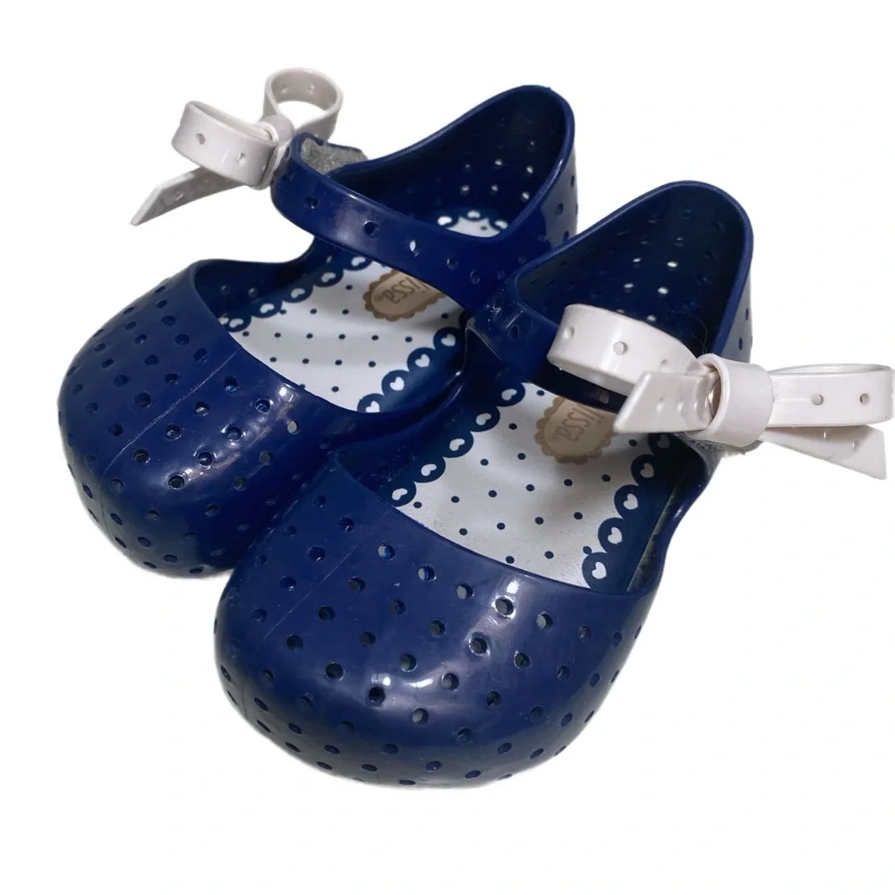 Mini Melissa Navy Mary Jane Sandals Toddler Little Girls Sz 5‎ White Snap On Bow